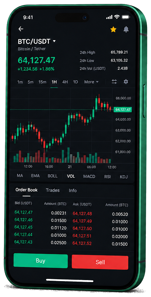Mobilna trgovačka platforma Zora Vrijednava — prikaz uživo BTC/USDT grafikona, knjige naloga i sučelja za kupnju i prodaju